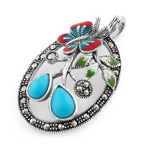 Enamel Butterfly & Flowers Turquoise Marcasite Pendant