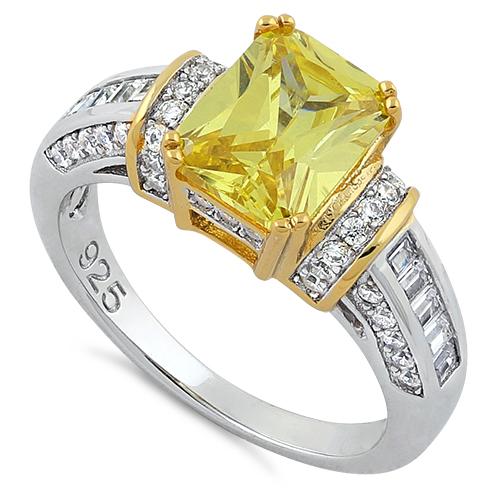 Two Tone Gold Plated Emerald Cut Yellow CZ Ring